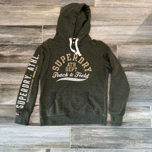 Superdry Track and Field Pullover Hoodie Army Green Metallic Print Warm Wear - Picture 2 of 6